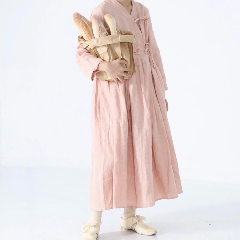 NWT Simpson Gardens BOHO Cottagecore Asian Pink Linen Maxi Dress Medium - Picture 5 of 5